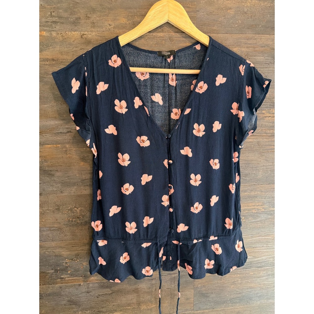 Rails Bretton Navy Poppies Floral Button Front Peplum Top Small